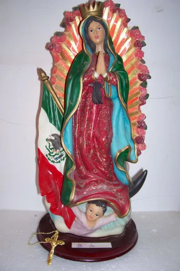 Statue religieuse en résine personnalisée en usine OEM, artisanat en résine, cadeaux religieux, statue de Notre-Dame de Guadalupe, fabricant de figurines religieuses en résine en Chine