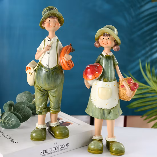 Statues de jardin de printemps vert en résine pour fille et garçon, Sculptures de décoration de jardin