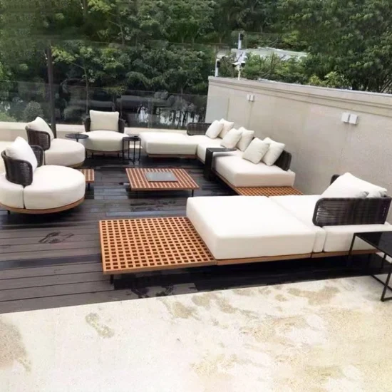 Meubles d'extérieur de style moderne français, ensemble de canapé de jardin en bois massif, projet d'hôtel